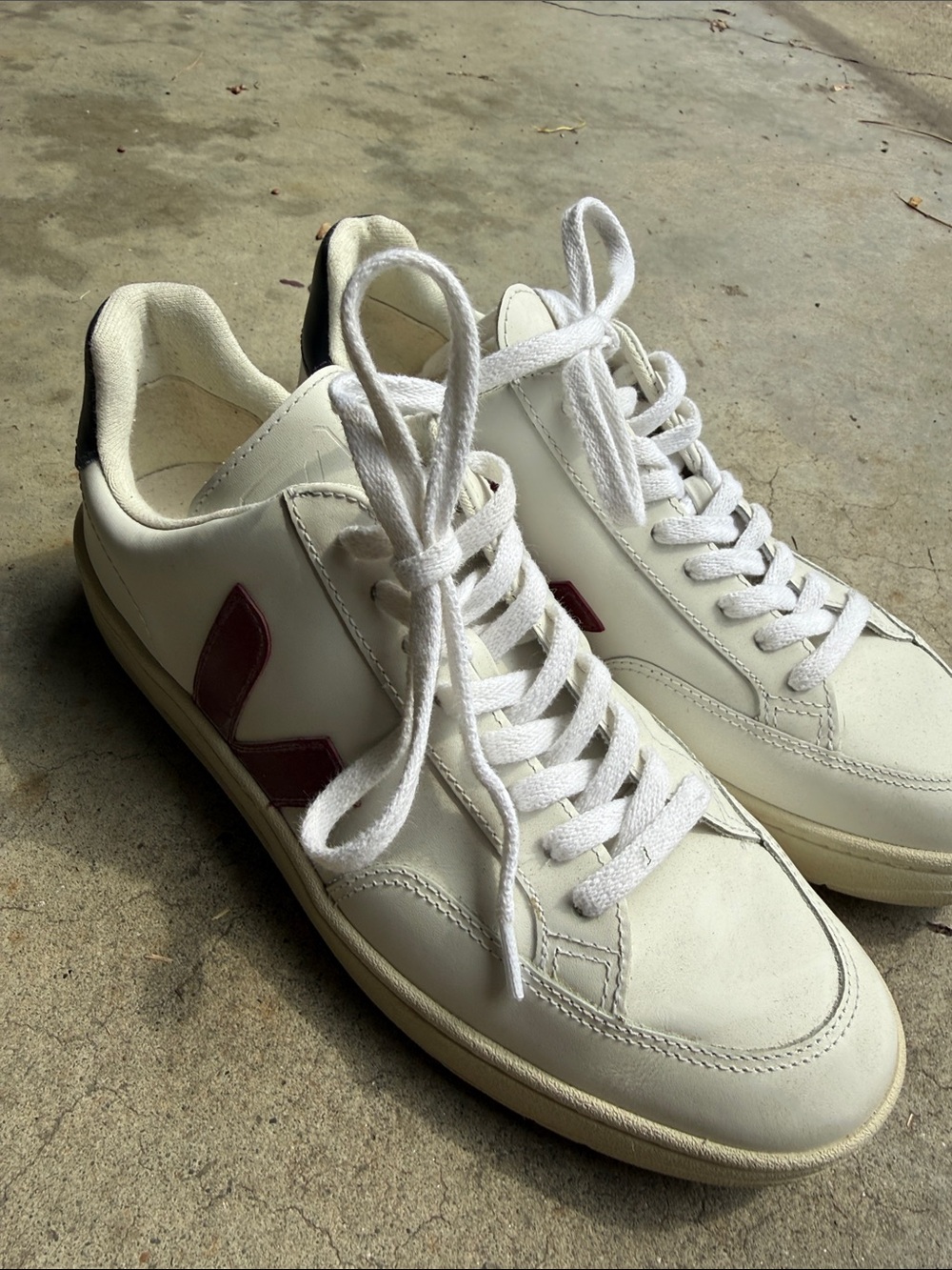 Veja Men's White Leather Sneakers with Burgundy Accent